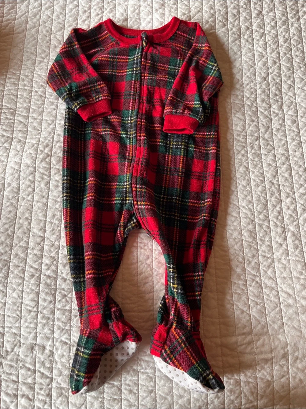 Cream Holiday Elf Print and Plaid Print One-Piece Pajamas 9m